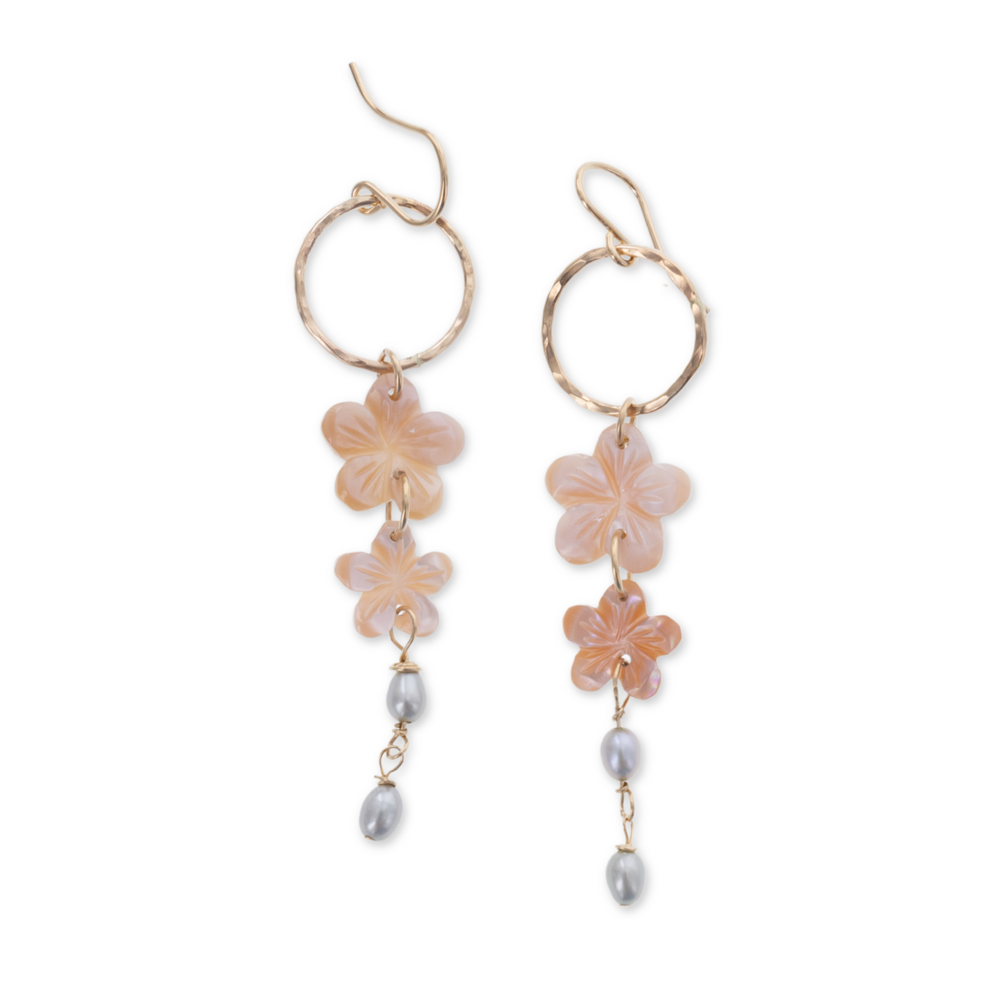 pink mother of pearl hibiscus flowers and grey freshwater pearl small hanging hoop earrings