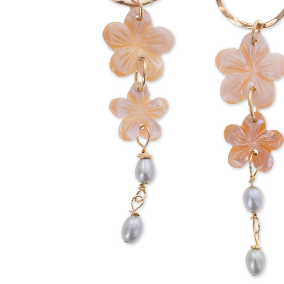 pink mother of pearl hibiscus flowers and grey freshwater pearl small hanging hoop earrings , closeup